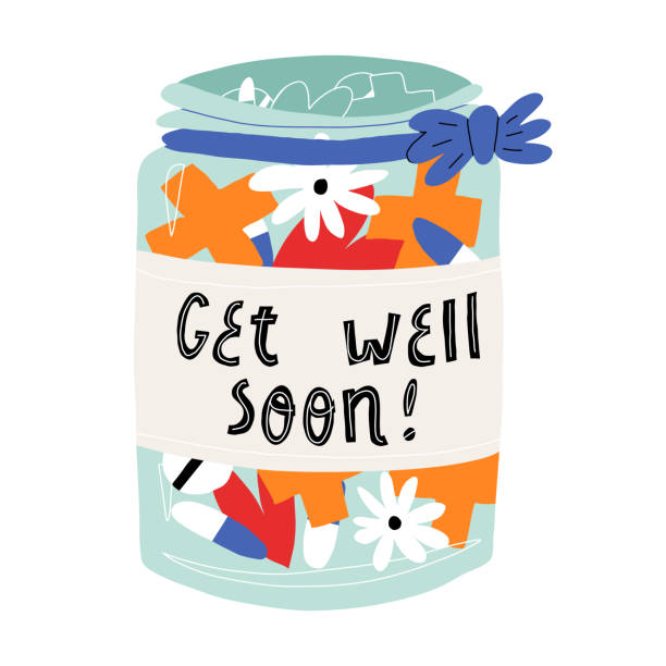 Cute hand-drawn card design. Glass jar with pills, crosses, meds, hearts and flowers, also with a ribbon and a bow and hand lettering on a label Get well soon. Vector isolated illustration. Cute hand-drawn card design. Glass jar with pills, crosses, meds, hearts and flowers, also with a ribbon and a bow and hand lettering on a label Get well soon. Vector isolated illustration. get well soon stock illustrations
