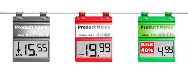 Electronic shelf labels. E-paper displays with paper label holders for supermarket price tags. Color set. Easy to recolor. Vector template Electronic shelf labels. E-paper displays with paper label holders for supermarket price tags. Color set. Easy to recolor. Vector template 3d barcode stock illustrations