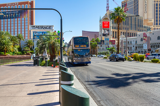 Las Vegas, NV, USA – June 8, 2021: A Las Vegas city double decker bus traveling southbound on Las Vegas Strip in Las Vegas, Nevada.