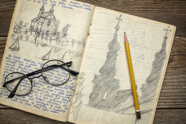 Vintage travel journal with handwriting and pencil sketches (property release attached) - kayak expedition in Poland 1970s.