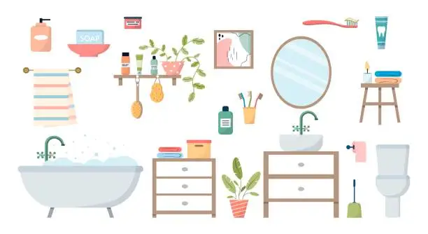 Vector illustration of Bathroom elements. Set objects furniture and interior for bathrooms. Sink with mirror and toilet bowl in flat style. Bath with foam on an isolated background. Collection of hygiene accessories.