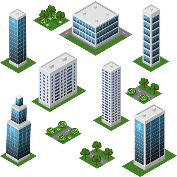 moderne serstadt isometrischen satz. großes büro- und ladengebäude. isolierte module, - boulevard mansion road grounds stock-grafiken, -clipart, -cartoons und -symbole