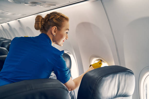 istock Smiling air hostess closing the window shade 1326132187