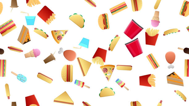 illustrazioni stock, clip art, cartoni animati e icone di tendenza di infinito modello bianco senza cuciture di deliziosi cibi e snack icone set per il bar ristorante caffè: patatine fritte, hotdog, panino, torta, gelato, popcorn, hamburger. lo sfondo - coffee donut old fashioned snack