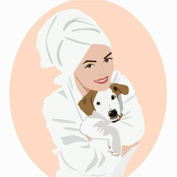 illustrations, cliparts, dessins animés et icônes de illustration. une fille en peignoir et avec une serviette sur la tête dans une étreinte avec un chien après un bain. jack russell terrier après le lavage - medium shot illustrations