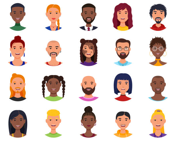 Set of avatars of smiling people. Men and women of various unusual appearances. Set of avatars of smiling people. Men and women of various unusual appearances. Isolated portraits on a white background. Profile picture icons. Male and female faces. vitiligo stock illustrations