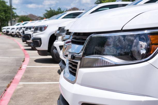 White Chevrolet fleet SUV's parked in a lot, side closeup on front of vehicle. White Chevrolet fleet SUV's parked in a lot, side closeup on front of vehicle with focus on foreground. Transportation and logistics industry. Chevrolet stock pictures, royalty-free photos & images