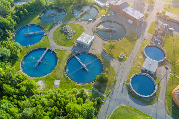 Panoramic view of modern urban wastewater treatment plant water purification is the process of removing undesirable chemicals Aerial panoramic view of modern urban wastewater treatment plant water purification is the process of removing undesirable chemicals sewage stock pictures, royalty-free photos & images