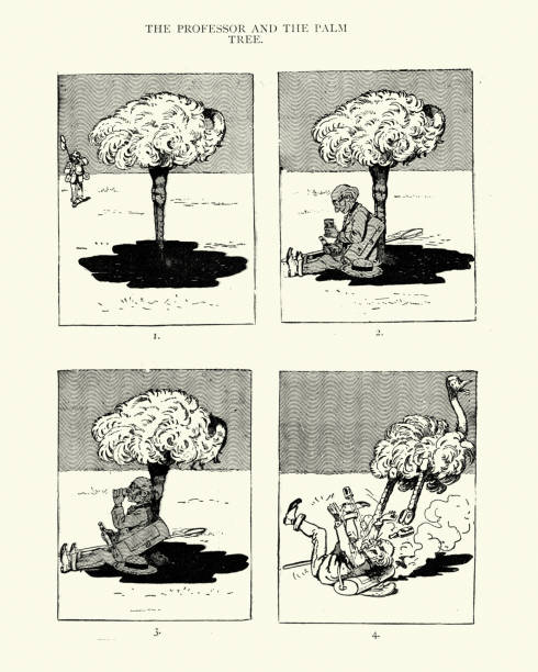 Vintage illustration of Victorian cartoon, Professor and the palm tree, Ostrich, 19th Century humour