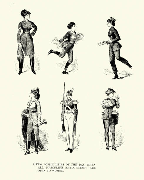 Vintage cartoon, Fashions for after women's emancipation,, 19th Century Victorian  humour Vintage illustration of Victorian cartoon, Fashions for after women's emancipation, 19th Century humour gender change stock illustrations