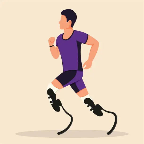 Vector illustration of A boy with prosthetic legs is running. A disabled man is running. Rehabilitation for the disabled.