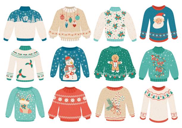 Cartoon winter sweater. Christmas ugly sweaters with snowman, santa, gingerbread men, ornaments. Cozy warm winter knitted clothes vector set Cartoon winter sweater. Christmas ugly sweaters with snowman, santa, gingerbread men, ornaments. Cozy warm winter knitted clothes vector set. Funny pullover for new year or xmas party christmas sweater stock illustrations