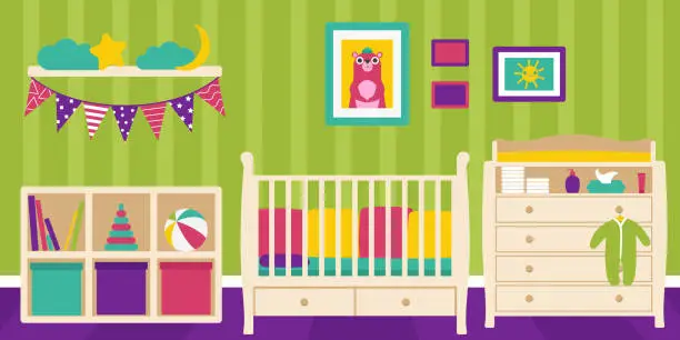 Vector illustration of A room for a newborn baby with a crib, changing table, shelf and toys.