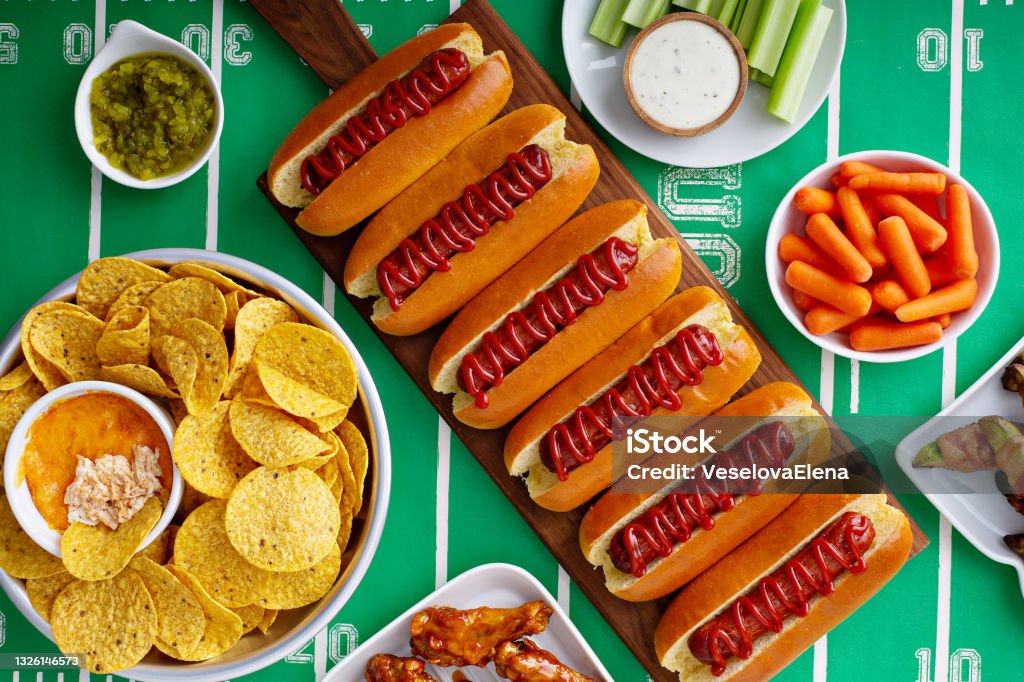 Hot dogs for game day Hot dogs for game day, super bowl food American Football - Sport Stock Photo
