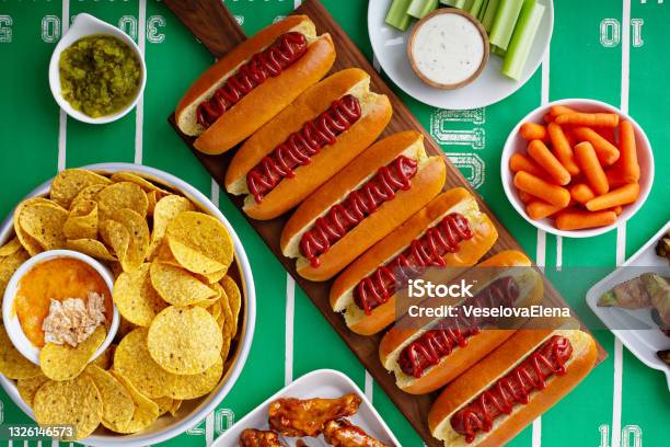 Hot Dogs For Game Day Stock Photo - Download Image Now - American Football - Sport, Party - Social Event, Snack