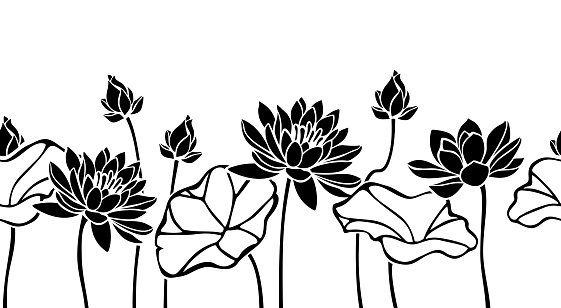 Vector horizontal black and white seamless border with lotus flowers silhouettes.
