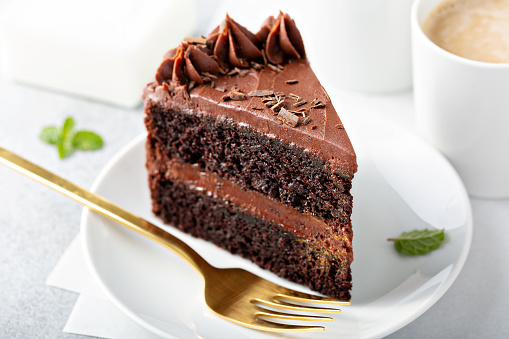 Dark chocolate cake slice with chocolate buttercream frosting
