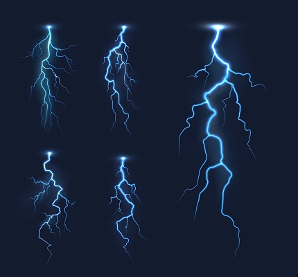 Lightning thunderbolts, thunderstorm bolt vector light effects. Rainstorm electric discharge, lightning strike or energy flash with bright, glowing blue light flares in night sky