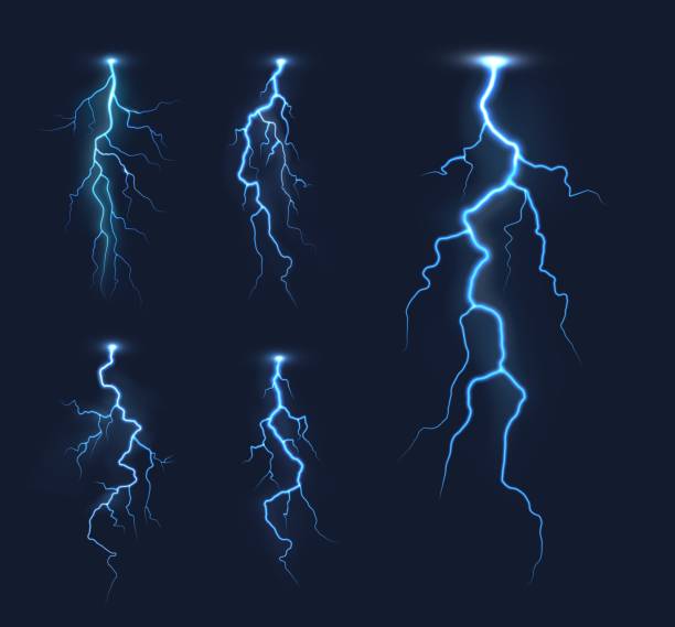 Thunderbolt, storm lightning strike or discharge Lightning thunderbolts, thunderstorm bolt vector light effects. Rainstorm electric discharge, lightning strike or energy flash with bright, glowing blue light flares in night sky military attack stock illustrations