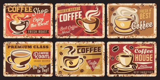 ilustrações de stock, clip art, desenhos animados e ícones de coffee cup and bean vintage metal banners - hot chocolate hot drink heat drinking