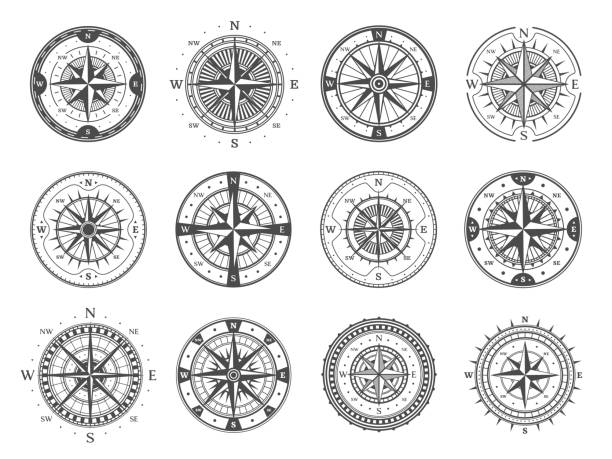 Old compass, wind rose arrows navigation Antique compass with wind rose arrows. Vintage compass with star, cardinal directions and meridian scale. Monochrome vector marine navigation, exploration and age of geographical discover symbol Southern Star stock illustrations