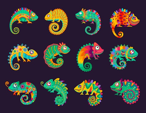 Cartoon mexican chameleons, vector lizards with ornate colorful skin, long curvy tail, tongue and telescopic eyes. Wild animal, pet, exotic tropical reptile for Cinco de Mayo or Dia de Los Muertos