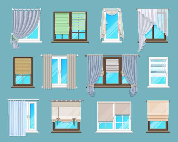 House and apartment interior window blinds, shades Home and office interior window blinds, shades and curtains. Apartment or house window coverings set. Cartoon vector Persian, Venetian and Roman horizontal shades, long fabric curtains and tulle zills stock illustrations