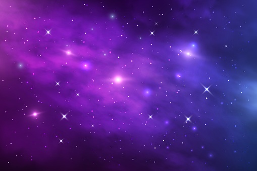 Space galaxy nebula, stardust and shining stars. Starry universe vector cosmic background with blue and purple realistic nebulosity and glow stars. Infinite cosmos, night sky wallpaper or backdrop