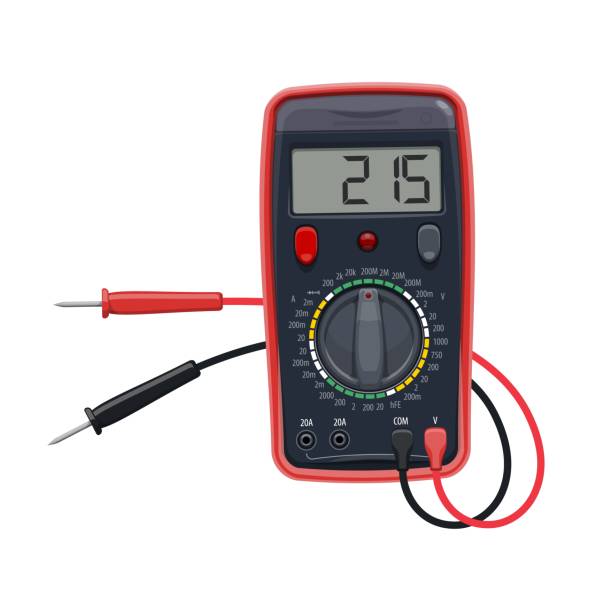 Cartoon multimeter electrical equipment, vector Cartoon multimeter electrical equipment, vector test of voltage, resistance and current. Digital multi tester, voltmeter, ammeter, ohmmeter measurement instrument, electrician or engineer work tool multimeter stock illustrations