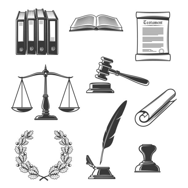 Notary, justice and court authority icons Notary, justice and court, judge power and authority icons. Vector law book, scales of justice and seal, wreath with oak leaves, judge gavel and testament parchment, quill feather and inkwell bristle stock illustrations