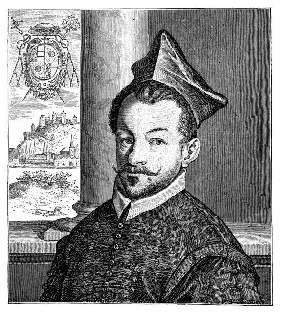 Wolf Dietrich von Raitenau (26 March 1559 – 16 January 1617) was Prince-Archbishop of Salzburg from 1587 to 1612 Illustration of a Wolf Dietrich von Raitenau (26 March 1559 – 16 January 1617) was Prince-Archbishop of Salzburg from 1587 to 1612 black and white travel travel destinations monk stock illustrations