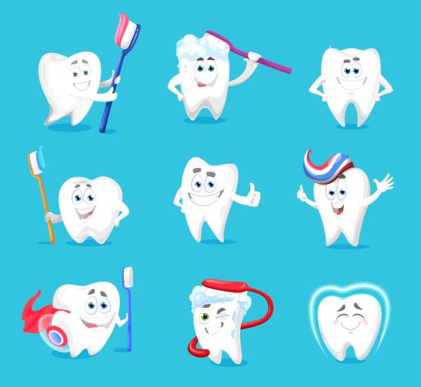 zahnhygiene, zähne oder zahn-cartoon-figuren - tooth character stock-grafiken, -clipart, -cartoons und -symbole
