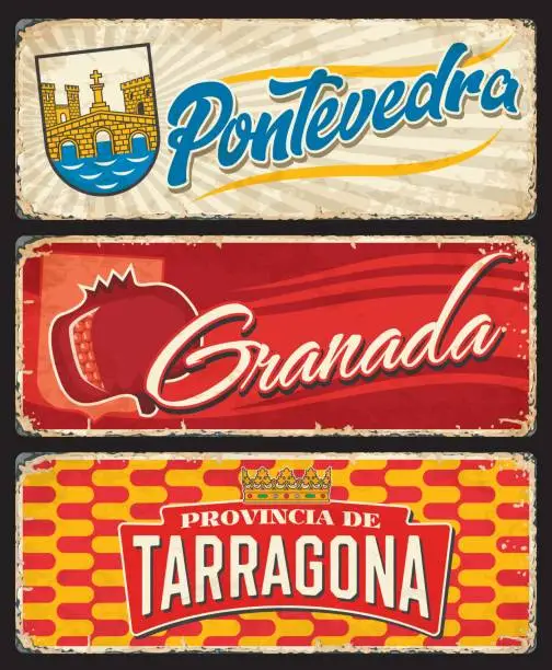 Vector illustration of Spain Pontevedra, Granada, Tarragona metal plates