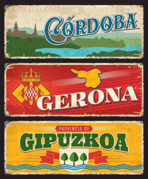 испания gipuzkoa, gerona, кордова подписывает металлические пластины - girona stock illustrations