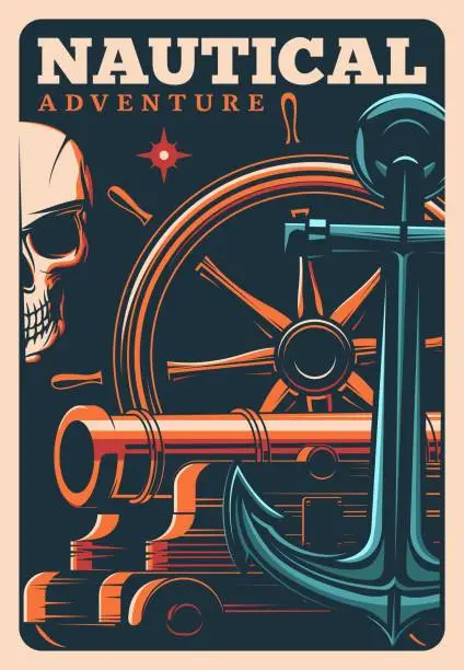 Vector illustration of Marine adventure pirates poster with skull or helm