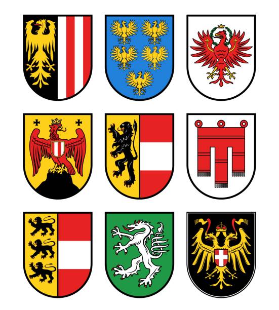Austrian states heraldry, regions coat of arms Austria regions heraldry, Austrian states vector coat of arms. Burgenland, Carinthia, and Lower Austria emblems, Salzburg, Styria and Tyrol, Upper Austria and Vienna, Vorarlberg flags icons tyrol state austria stock illustrations