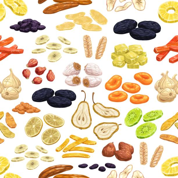 Dried fruits slices and stripes seamless pattern Dried fruits seamless pattern. Cartoon vector dry pineapple slice, raisins and pear, papaya, banana and mango, apple, roseship and figs, prunes, persimmon and melon, ginger, lemon and apricots, kiwi grape pruning stock illustrations