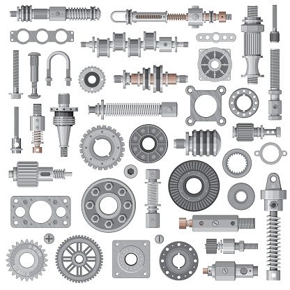 Car engine, machine spare parts, mechanism steel bolts and nuts, bearing, cogwheel and spring absorbers. Vector engine gaskets and crankshaft, machine gearwheels, transmission and gearbox parts