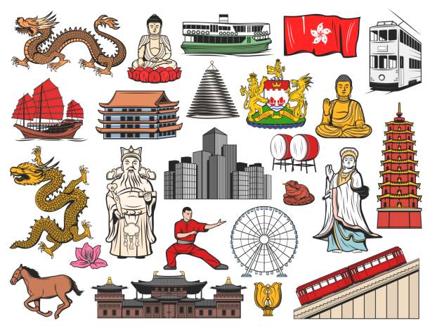 ilustraciones, imágenes clip art, dibujos animados e iconos de stock de hong kong y china viajan iconos aislados - hong kong culture