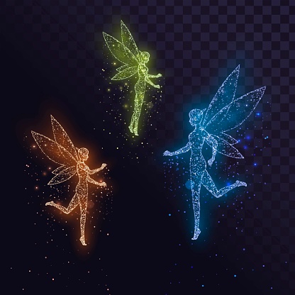 A set of glowing fairies with wings: orange, green and blue. Fairy creatures made of sparks on a transparent background