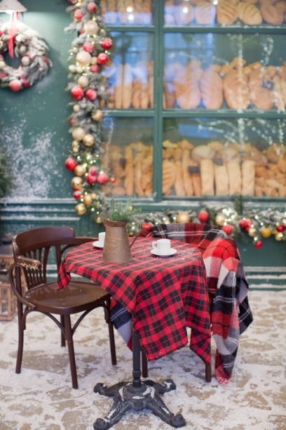 christmas cafe bakery exterior with decorations - julfika bildbanksfoton och bilder