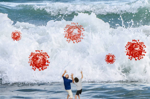 Father and son in front of huge water wave transporting coronaviruses.