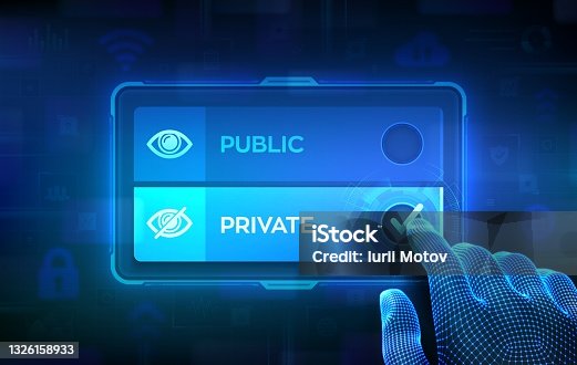 istock Public or Private choice concept. Making decision. Public-private partnership. Data management. Wireframe hand on virtual touch screen ticking the check mark on private button. Vector illustration. 1326158933