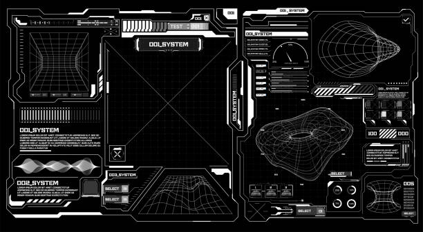 ilustrações, clipart, desenhos animados e ícones de interface digital abstrata ui, ux futuristic hud, fui, interface virtual. títulos e quadros em estilo sci-fi. etiquetas de bar, informações para ligar em barras de caixa. modelos futuristas de layout de caixas de informações. vetor 3d - user interface