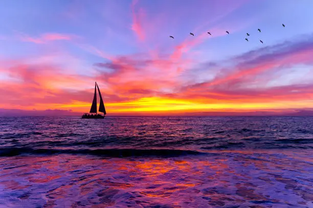 Photo of Sunset Ocean landscape Sailboat Silhouette