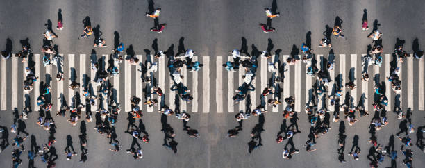 Crowd of people at pedestrian crossing in the city - overhead panorama shot of people pedestrians Different people at a pedestrian crossing in the city - panorama shot. People at a zebra pedestrian crossing - a lot of pedestrians in an overcrowded city on a sunny day. Aerial drone banner shot. crosswalk stock pictures, royalty-free photos & images