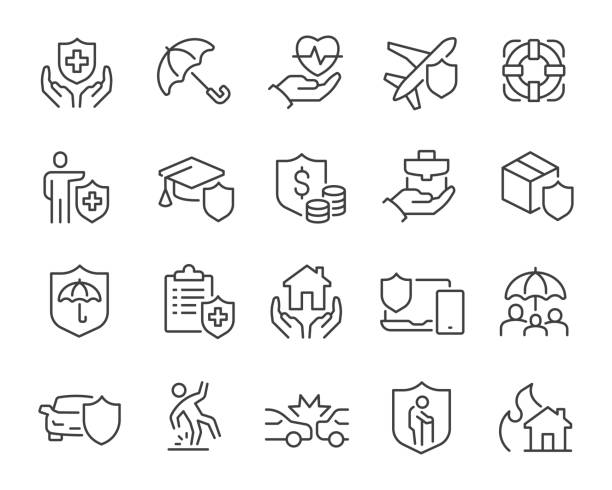versicherung icons set. wie krankenversicherung, sachversicherung und finanzielles risiko und andere. bearbeitbarer vektorstrich. - versicherung stock-grafiken, -clipart, -cartoons und -symbole