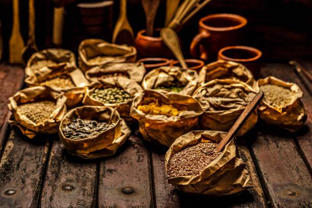 istock Healthy grains and seeds on rustic table 1326164311