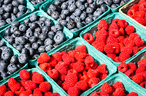 Blue paper boxes of freshly picked blueberries and raspberries on display at a Cape Cod farmers market.