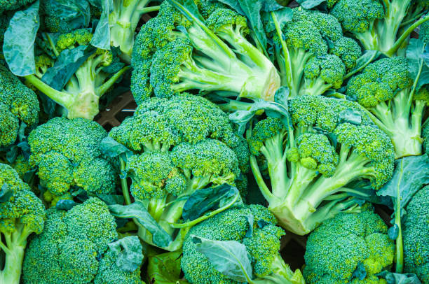 Fresh Heads of Broccoli Freshly cut heads of green broccoli offered for sale at a Cape Cod farmers market. Head of Broccoli stock pictures, royalty-free photos & images